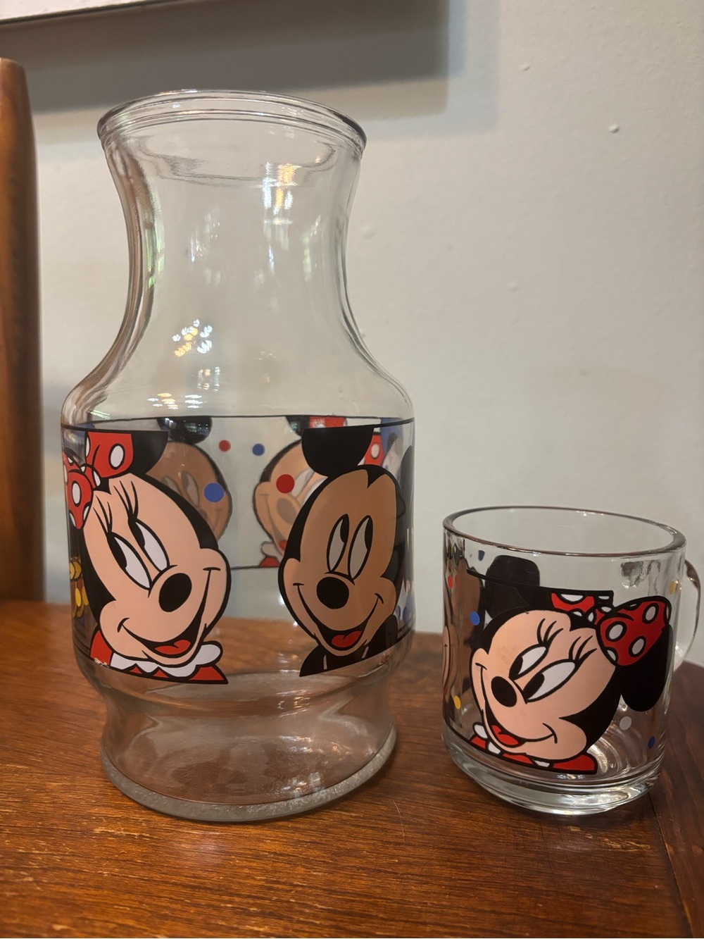 1980’s Minnie & Mickey Glass Carafe and Mug Set - Clear Glass with Red Accent